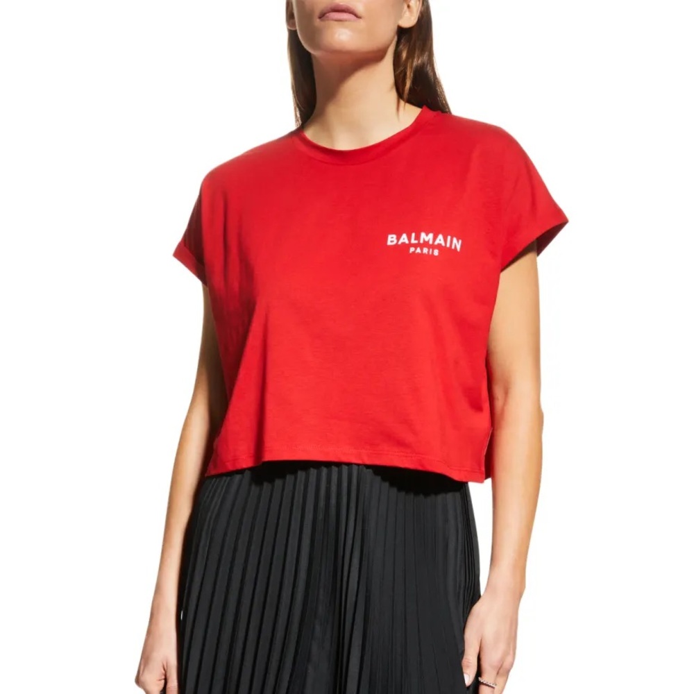 Balmain Flocked Logo Cropped Tee